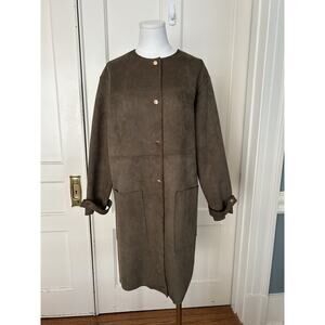 Tahari Faux Suede Button Front Midi Length Coat Womens Size XL Green Classic